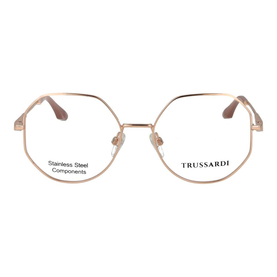 Rose gold stainless steel hexagonal eyeglass frames with brown temple tips