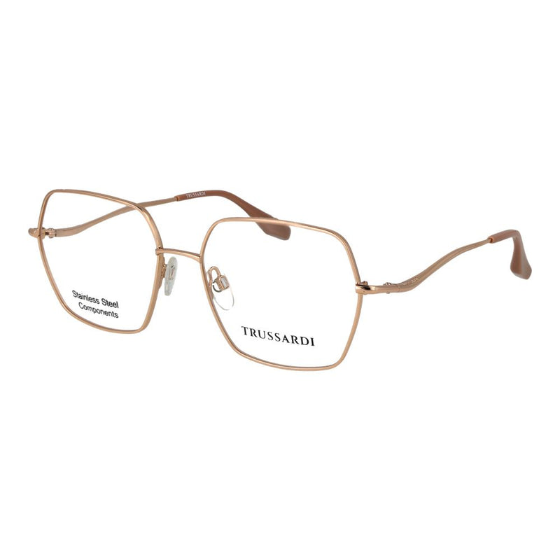 Rose gold stainless steel geometric eyeglass frames with thin wire rims and clear lenses
