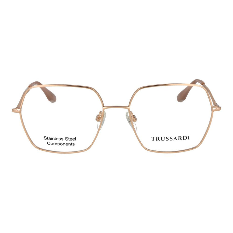 Rose gold stainless steel geometric eyeglass frames with thin wire rims and clear lenses