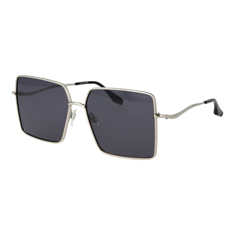 Silver stainless steel square sunglasses with dark grey tinted lenses