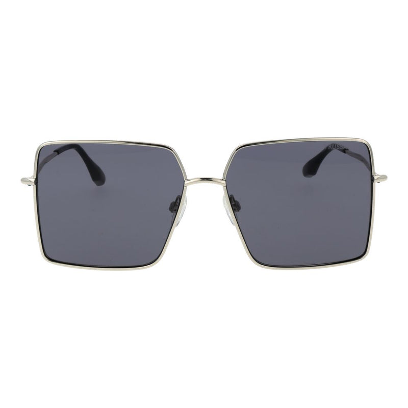 Silver stainless steel square sunglasses with dark grey tinted lenses