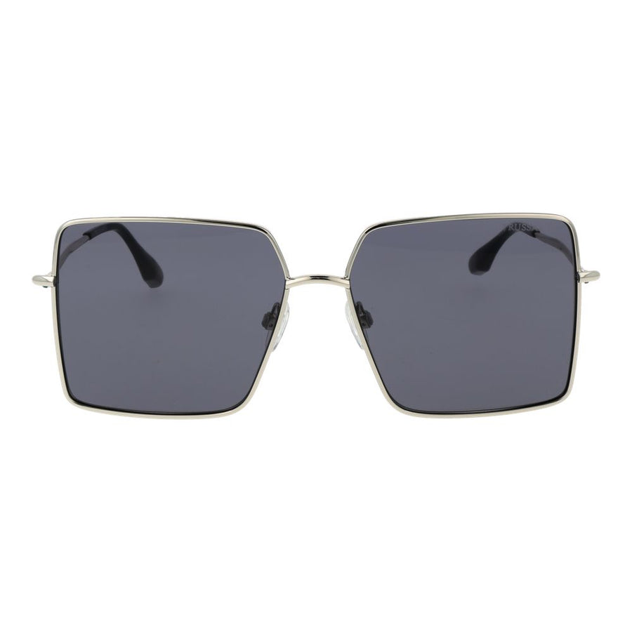 Silver stainless steel square sunglasses with dark grey tinted lenses