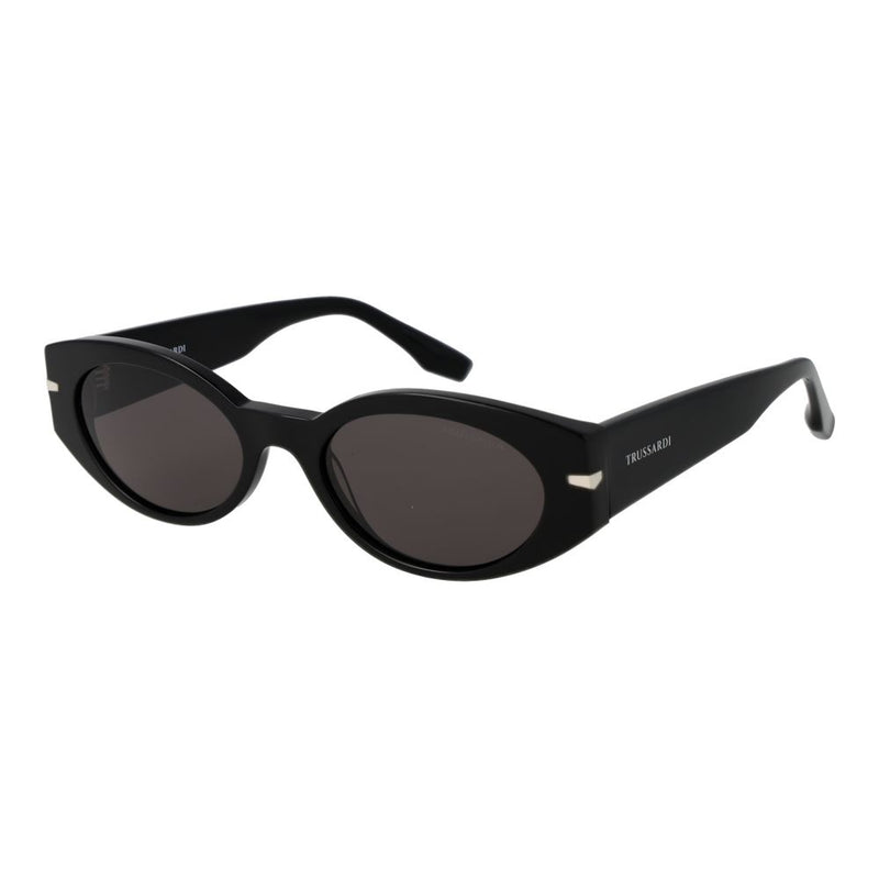 Trussardi black acetate sunglasses with oval frames and dark tinted lenses