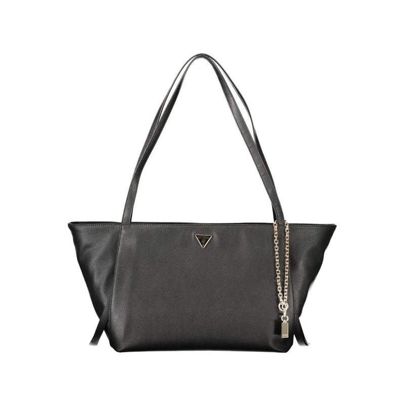 Black polyurethane tote bag with twin shoulder straps, gold chain charm, and triangular logo plaque