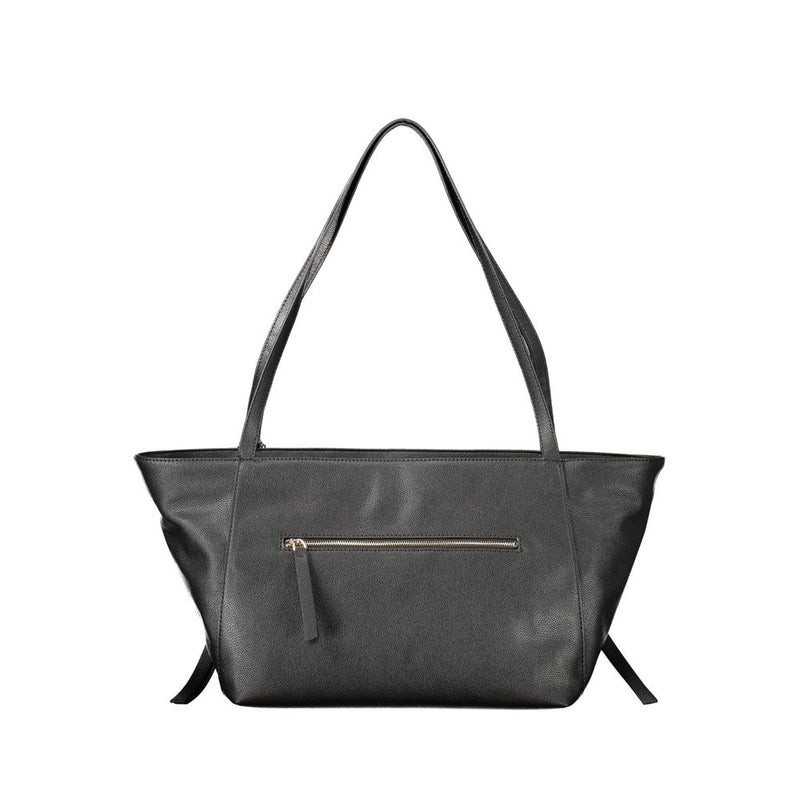 Black polyurethane tote bag with shoulder straps and a zippered exterior pocket