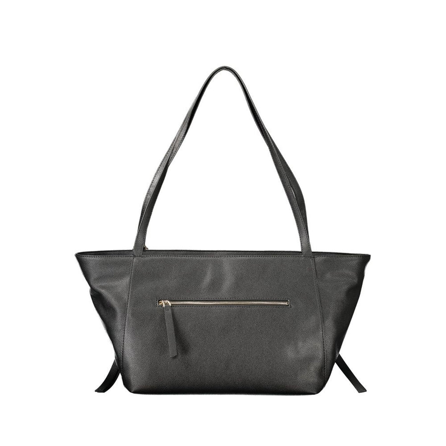 Black polyurethane tote bag with twin shoulder straps, gold chain charm, and triangular logo plaque