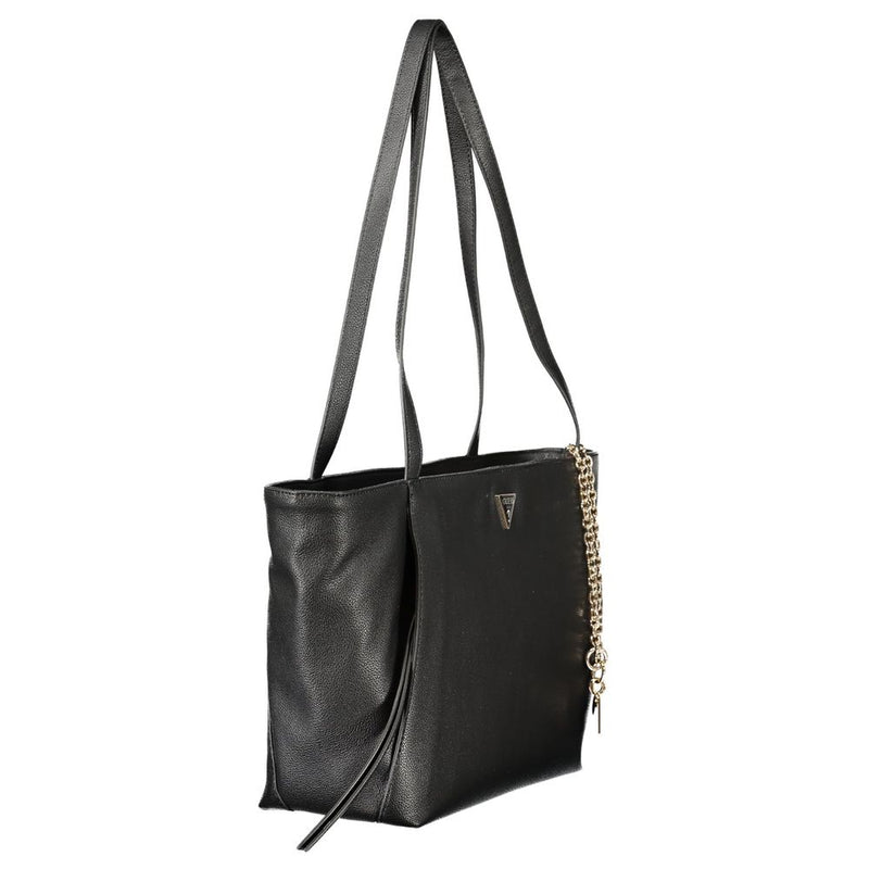 Black polyurethane women's tote bag with dual shoulder straps and a gold chain accent