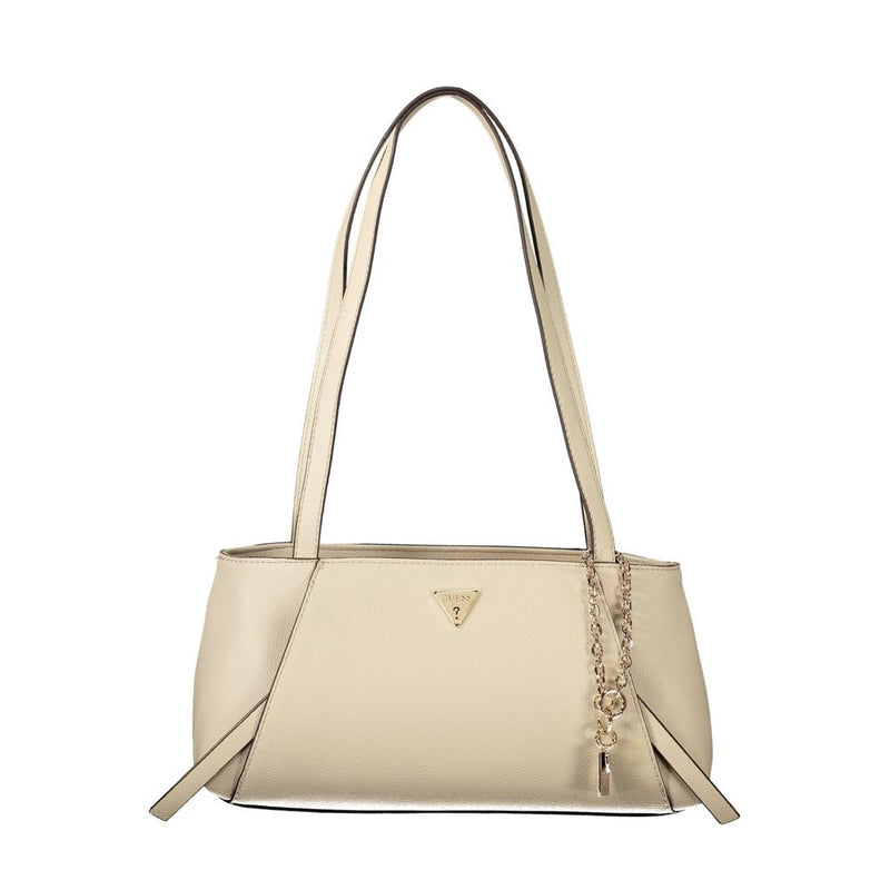 Beige polyurethane shoulder bag with dual straps and gold chain charm