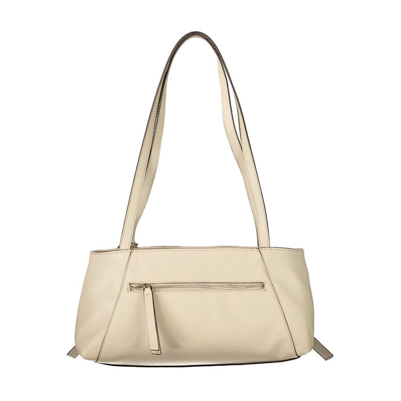 Beige polyurethane women's shoulder bag with long straps and a zippered back pocket