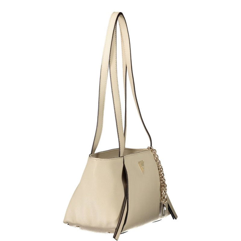 Beige polyurethane shoulder bag with long dual straps and gold chain detail