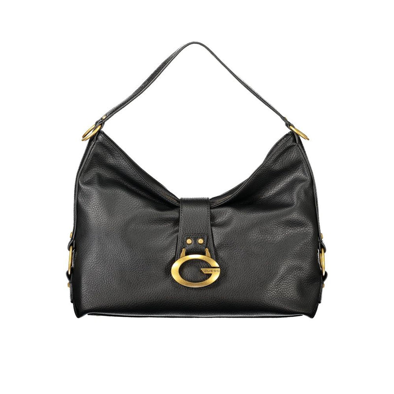 Black polyurethane hobo shoulder bag with a gold logo clasp and strap hardware