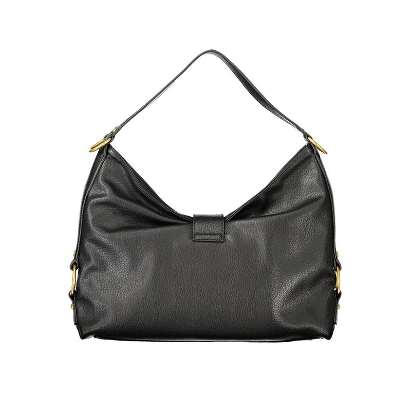 Black polyurethane hobo shoulder bag with gold hardware and a slouchy design