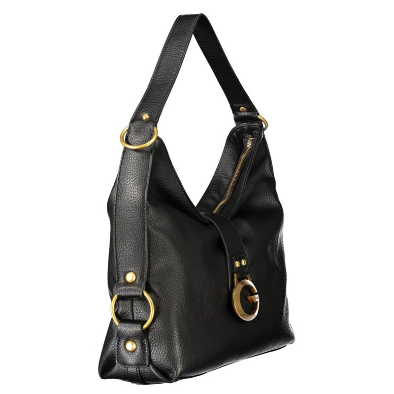 Black polyurethane shoulder bag with textured leather-look finish and gold hardware