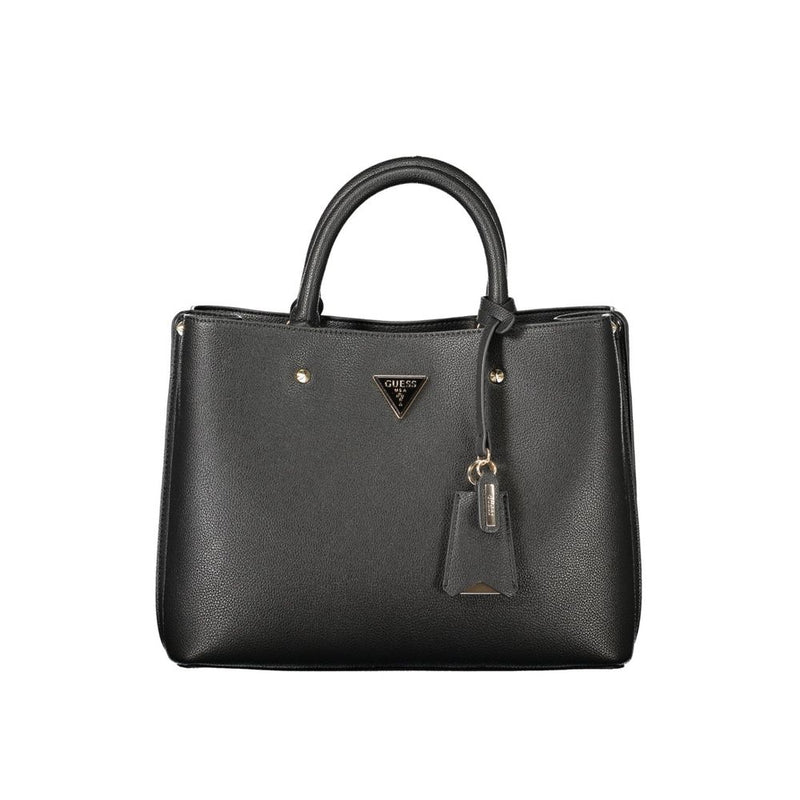 Black textured polyurethane structured handbag with dual top handles and gold-tone hardware branding
