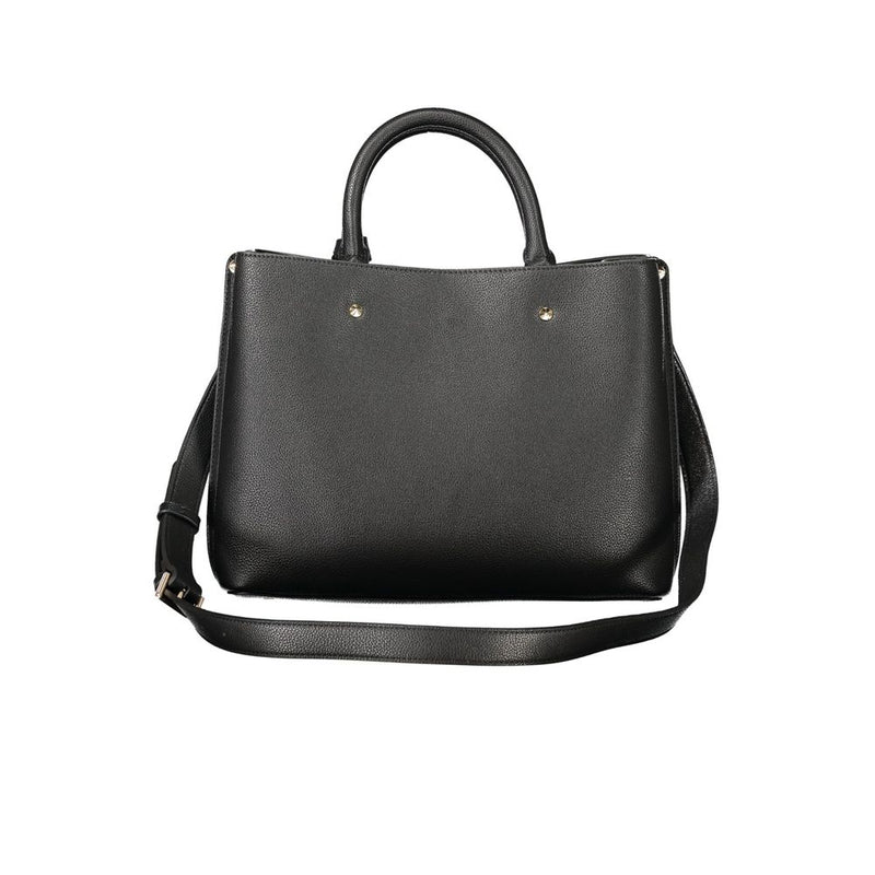 Black polyurethane women's tote bag with top handles and a shoulder strap