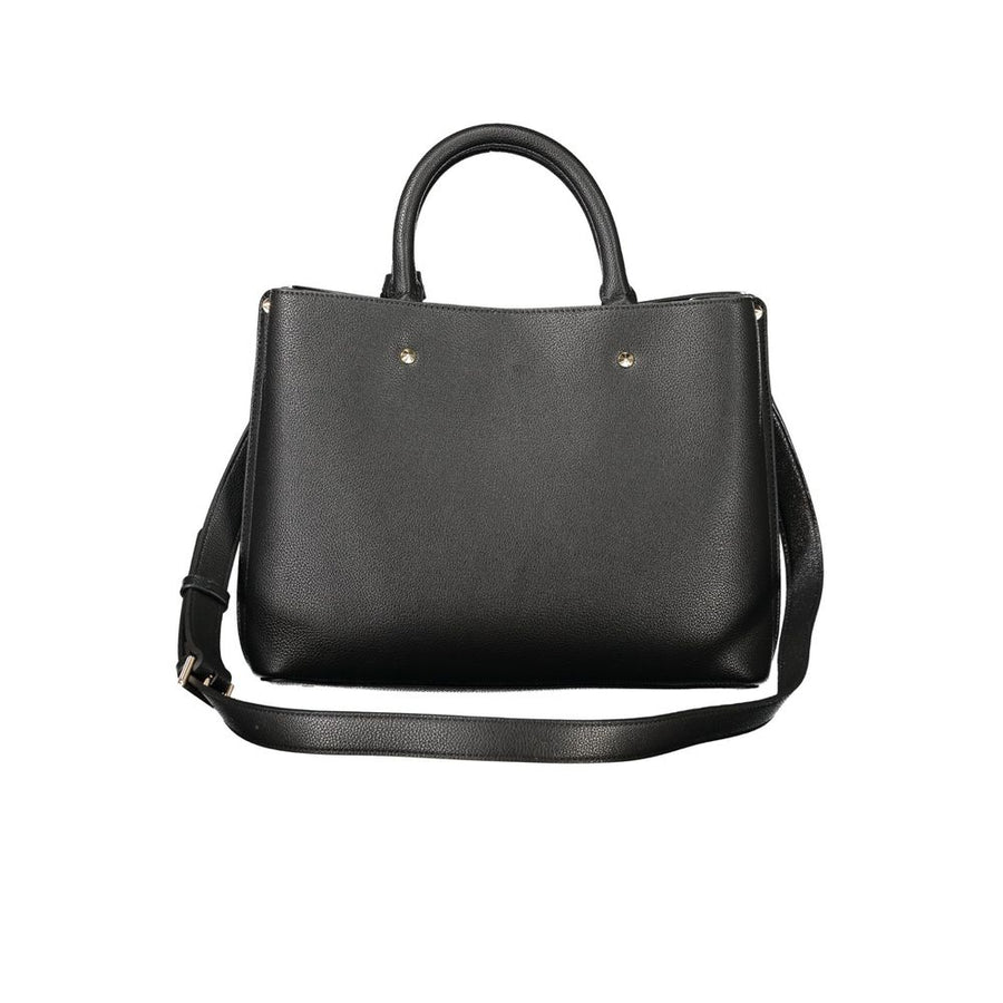 Black textured polyurethane structured handbag with dual top handles and gold-tone hardware branding