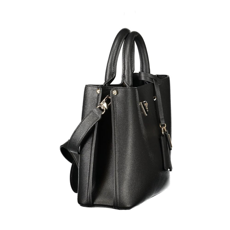 Black polyurethane structured handbag with dual top handles and a shoulder strap