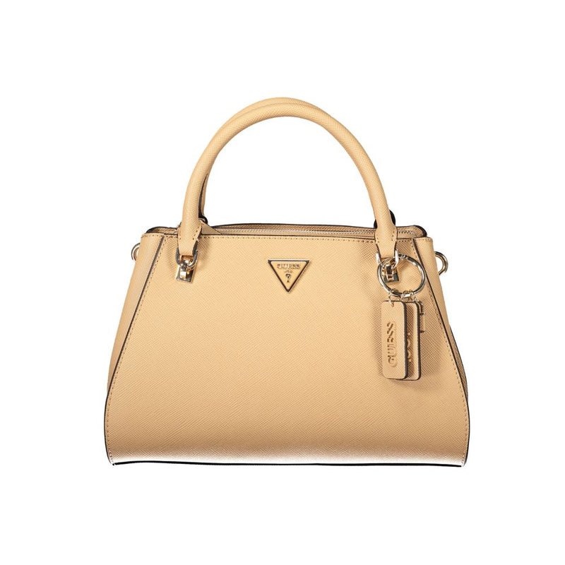 Beige polyurethane structured handbag with top handles and a matching charm