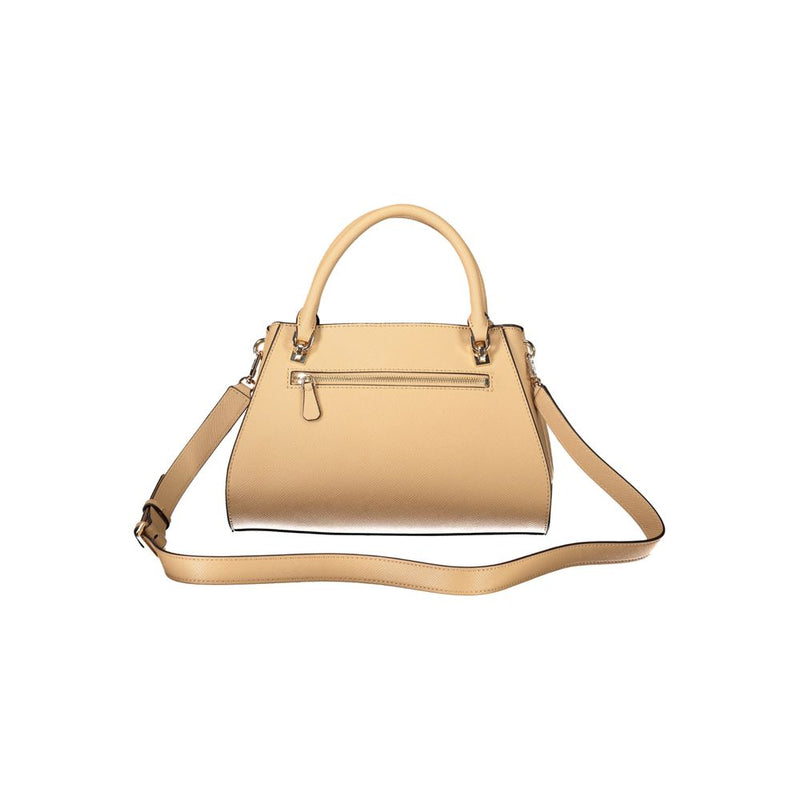 Beige polyurethane structured women's handbag with top handles and a shoulder strap