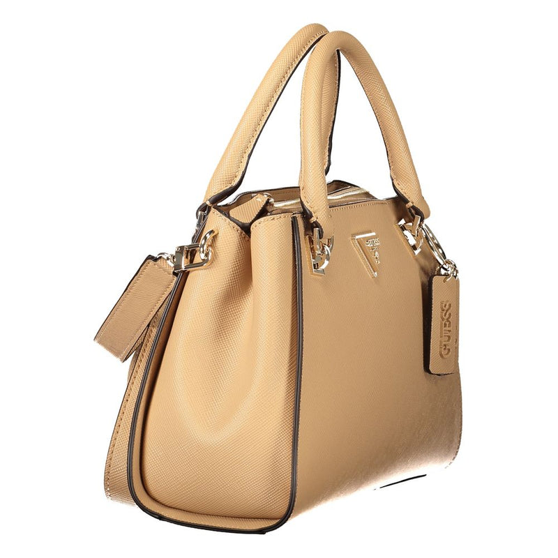 Beige polyurethane women's handbag with structured dual top handles and gold hardware