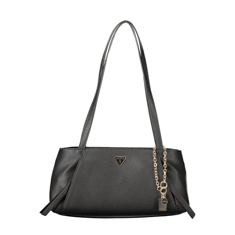 Black faux leather Guess shoulder bag with long straps and gold chain charm