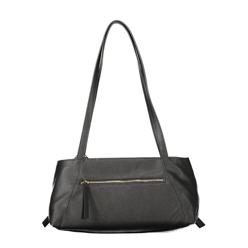 Black polyurethane shoulder bag with long straps and a horizontal exterior zipper pocket