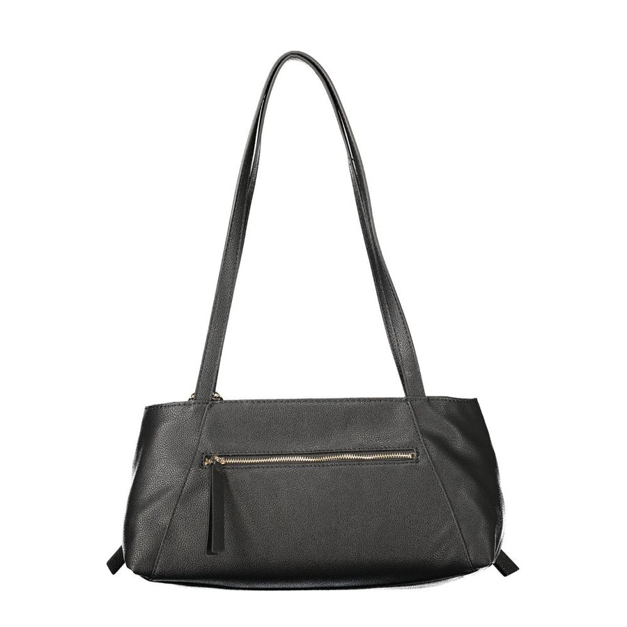 Black faux leather Guess shoulder bag with long straps and gold chain charm