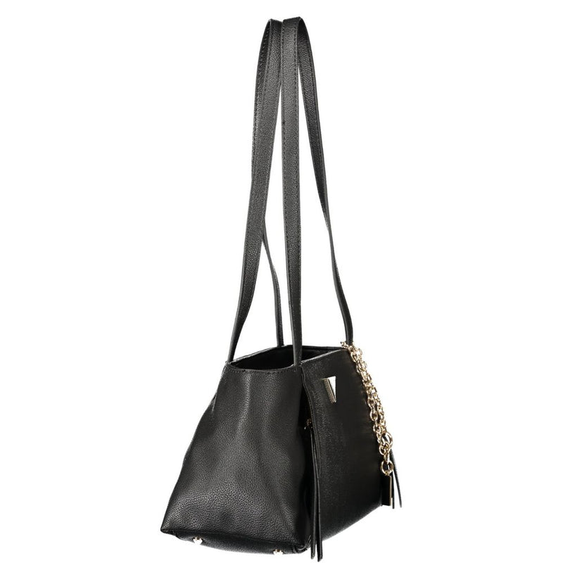 Black polyurethane women's shoulder bag with dual straps and gold chain detail