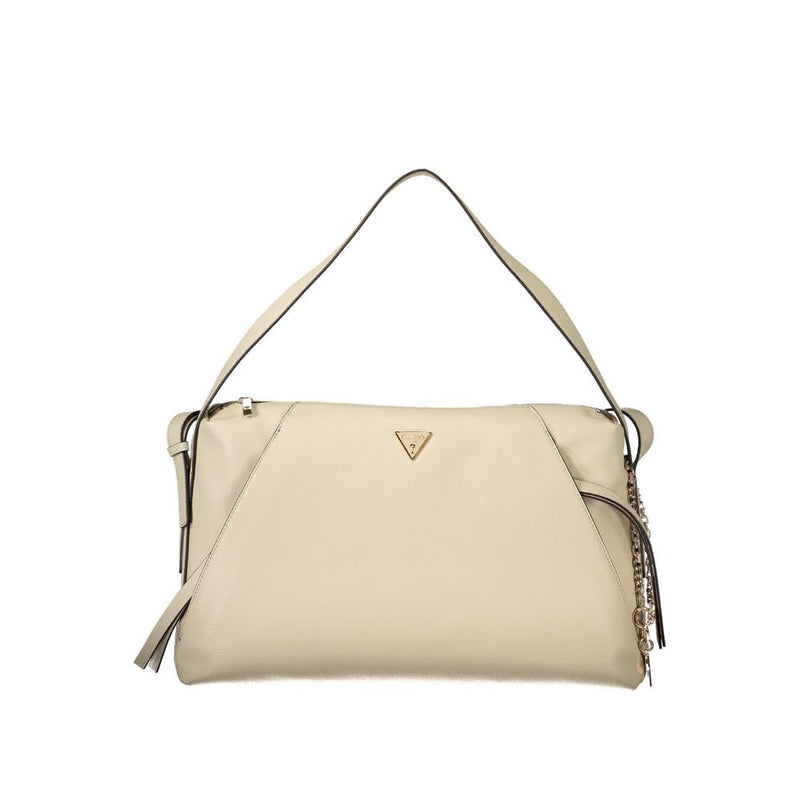 Beige polyurethane women's shoulder bag with a short strap and gold-tone triangular logo hardware