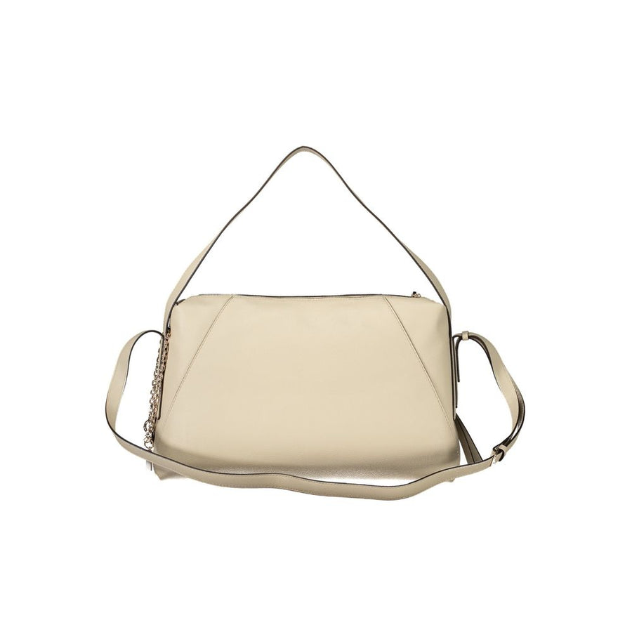 Beige polyurethane women's shoulder bag with a short strap and gold-tone triangular logo hardware