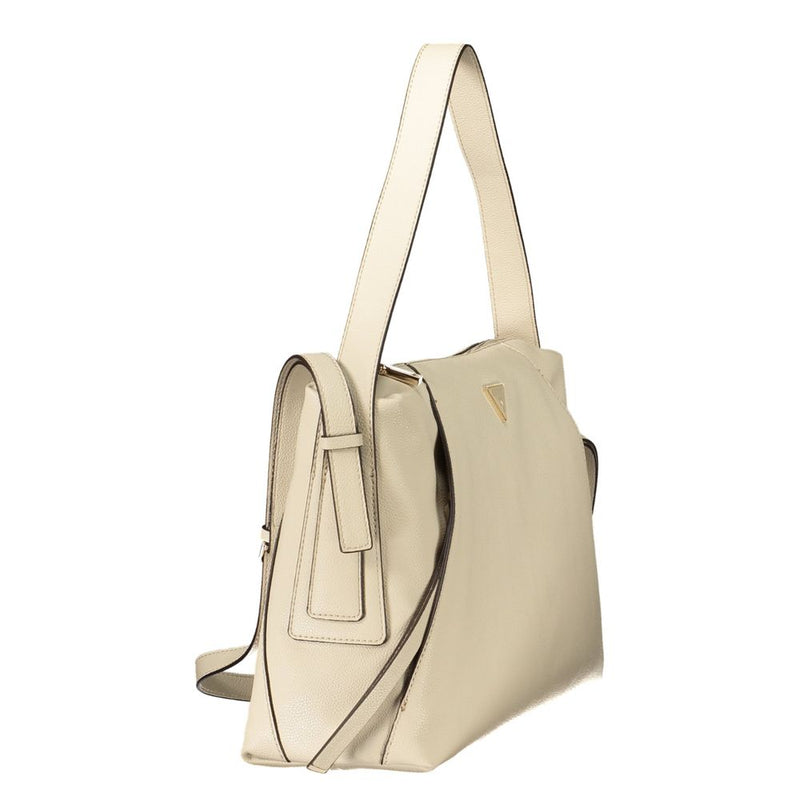 Beige polyurethane shoulder bag with long straps and structured side panels
