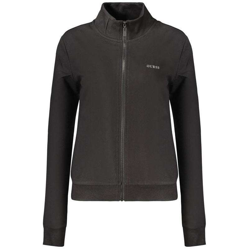 Black modal women's zip-up sweatshirt with a stand-up collar and subtle Guess logo on the chest