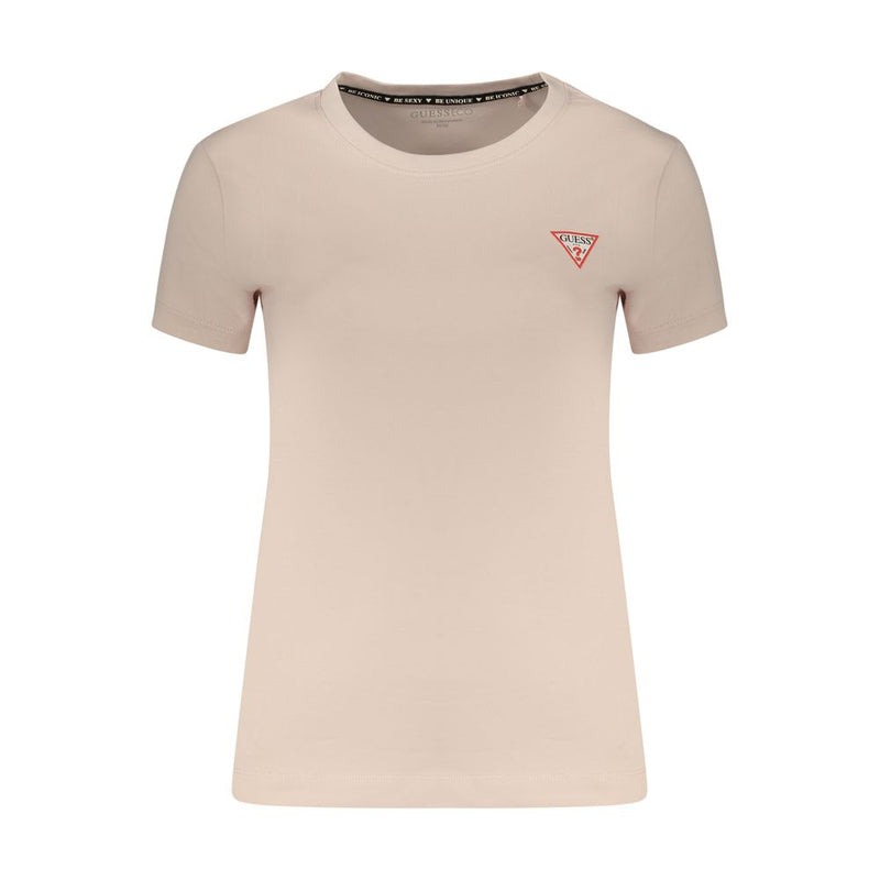 Pink cotton short-sleeve women's t-shirt with a small Guess logo on the chest