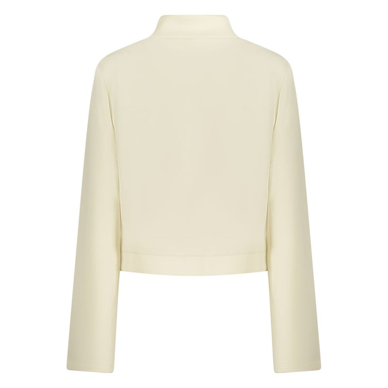 Off-white polyester women's cropped sweatshirt with long sleeves and high neck viewed from behind