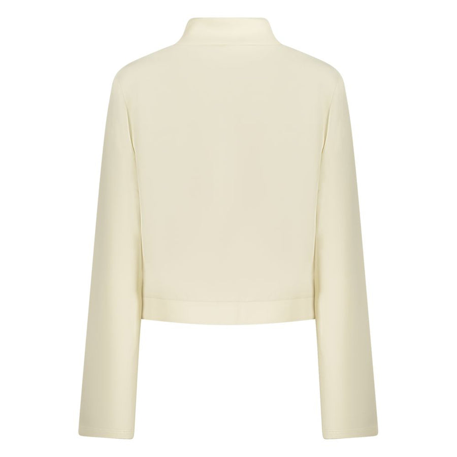 Off-white polyester mock neck sweatshirt with long sleeves and small chest logo