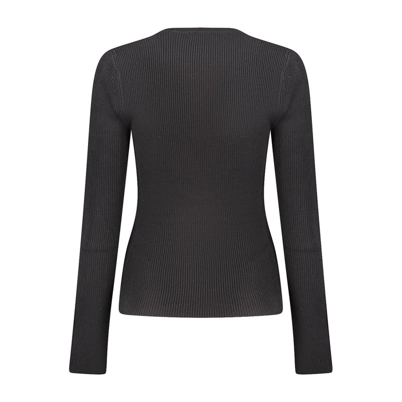 Black ribbed knit women's long-sleeve sweater shown from the back