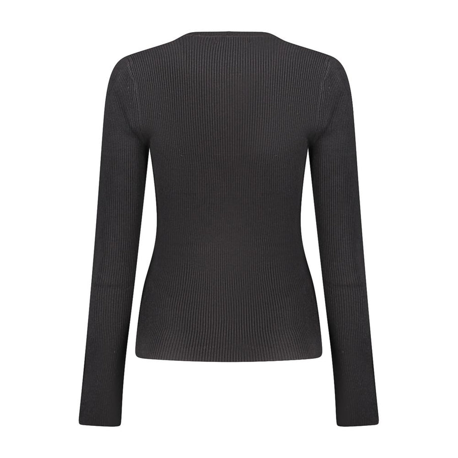 Black ribbed viscose women's crewneck sweater with long sleeves and button cuffs