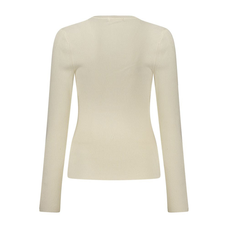 Back view of a white ribbed viscose women's sweater with long sleeves