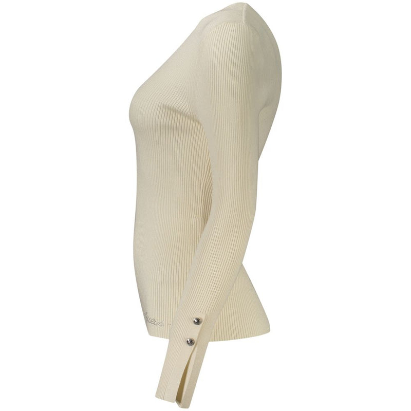 Side view of a white ribbed knit viscose women's sweater with buttoned cuffs