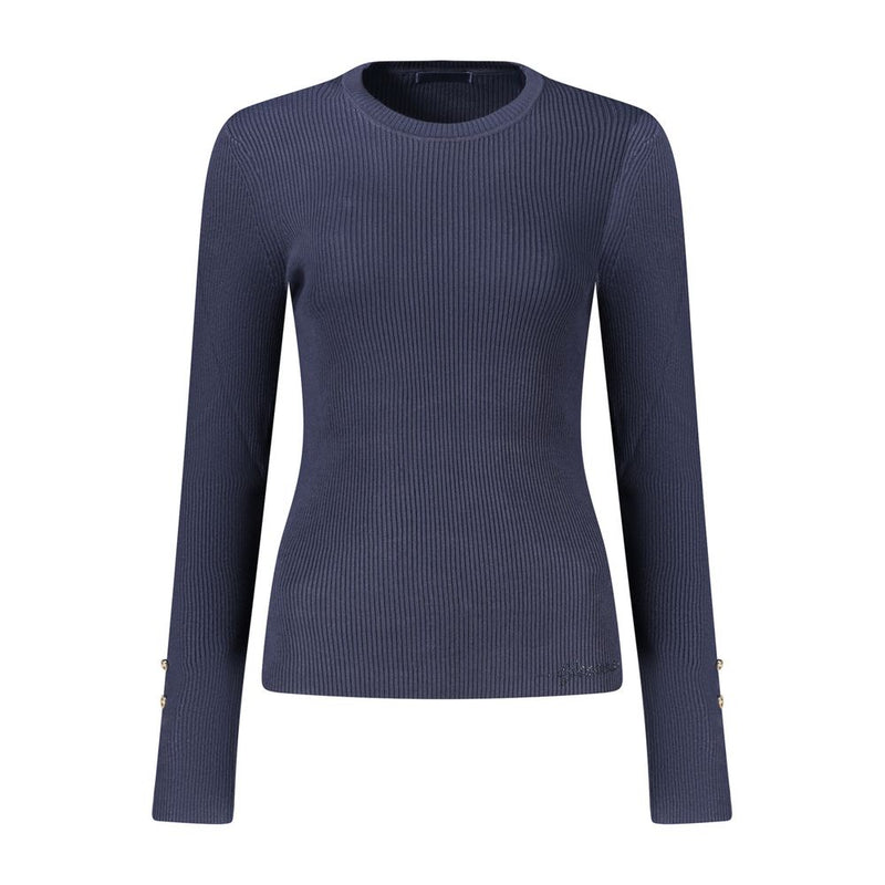 Blue ribbed knit women's sweater with long sleeves and a crew neck