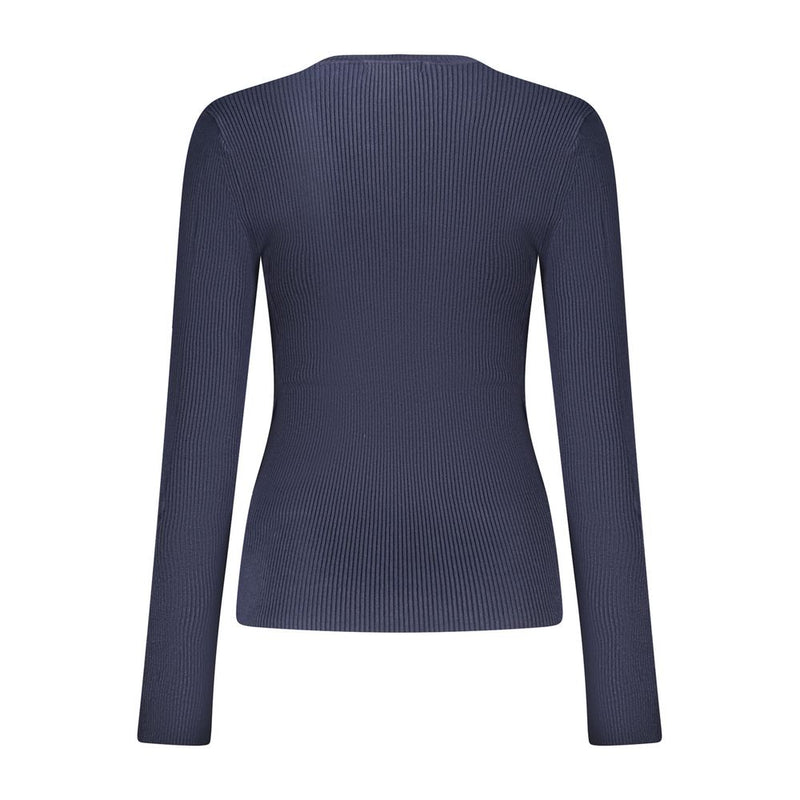 Blue viscose ribbed long-sleeve women's sweater shown from behind