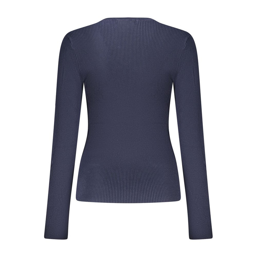 Blue ribbed knit women's sweater with long sleeves and a crew neck