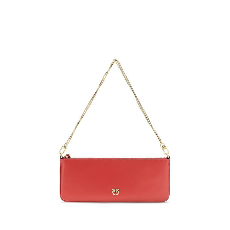 Red leather shoulder bag with a gold chain strap and metal logo accent