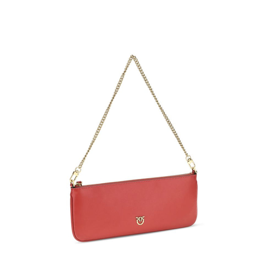 Red leather shoulder bag with a gold chain strap and metal logo accent