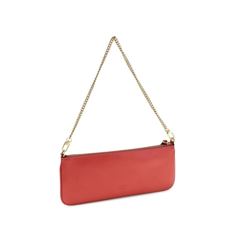 Red leather shoulder bag with a slim silhouette and gold chain strap