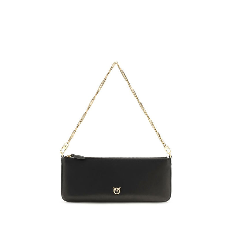Black leather shoulder bag with gold chain strap and logo hardware