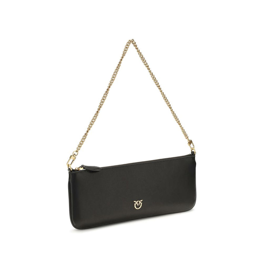 Black leather shoulder bag with gold chain strap and logo hardware