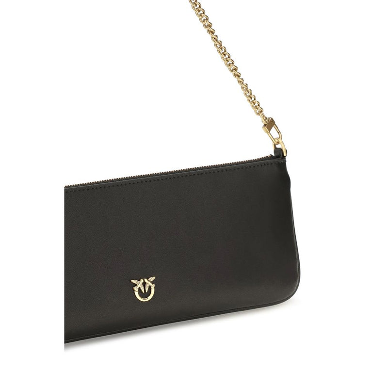 Black leather shoulder bag with a gold chain strap and metal logo hardware