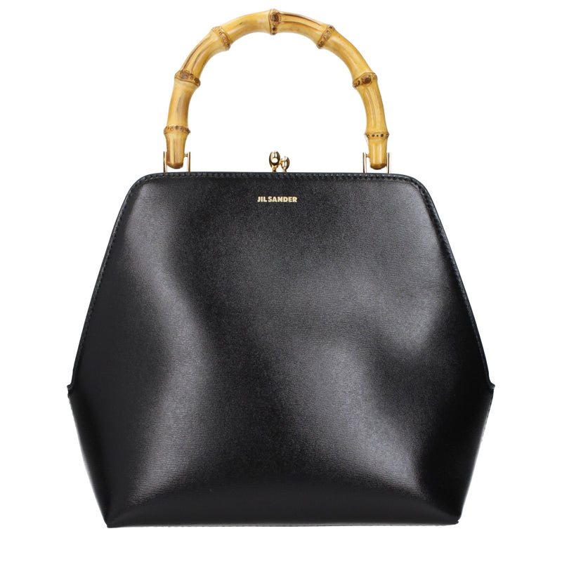 Black leather handbag with structured trapezoid shape and curved bamboo top handle