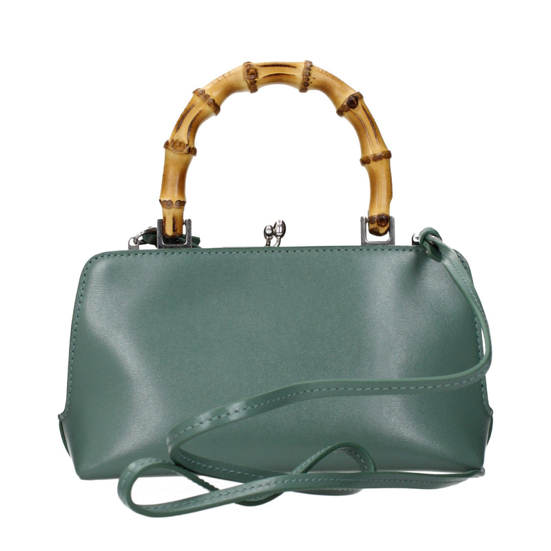 Green leather handbag with bamboo handle and clasp closure